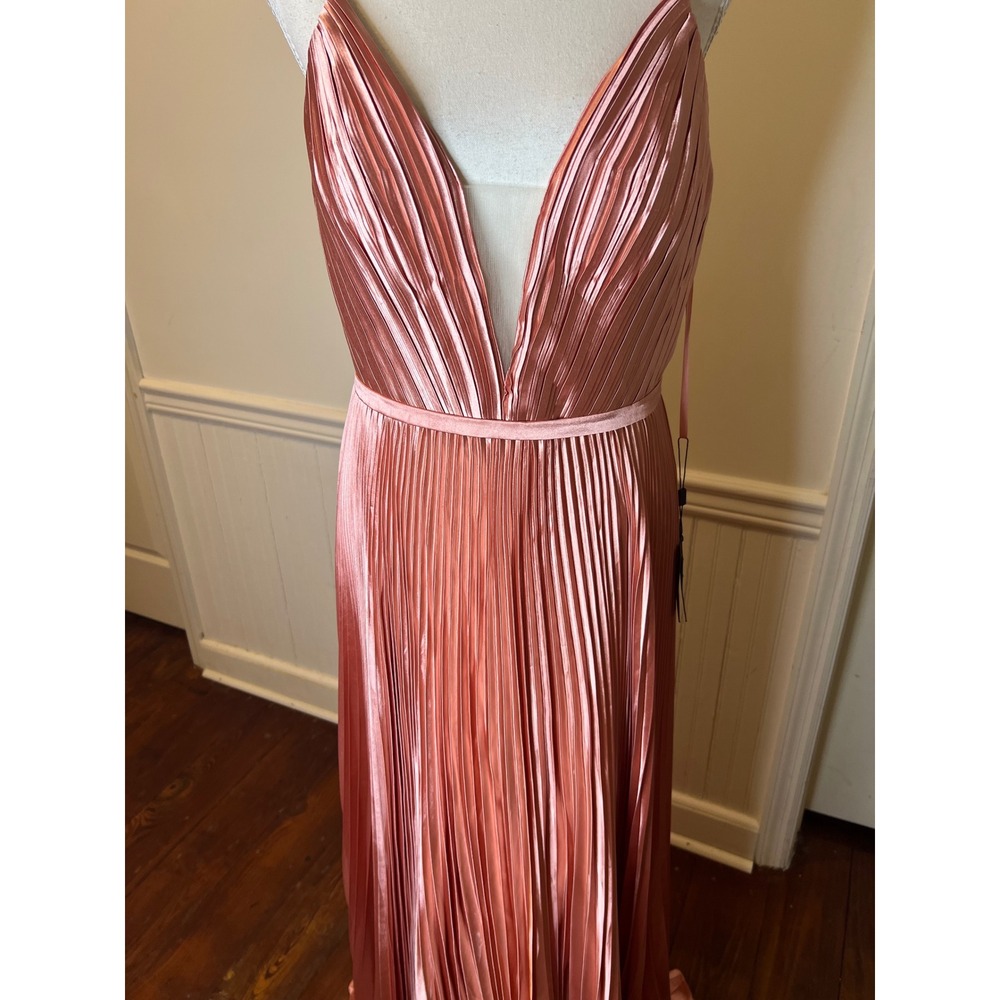 Mac Duggal 20309 Pleated Satin‎ Gown Rose Gold V-Neck Formal Dress Prom Pink 8 - Picture 9 of 16
